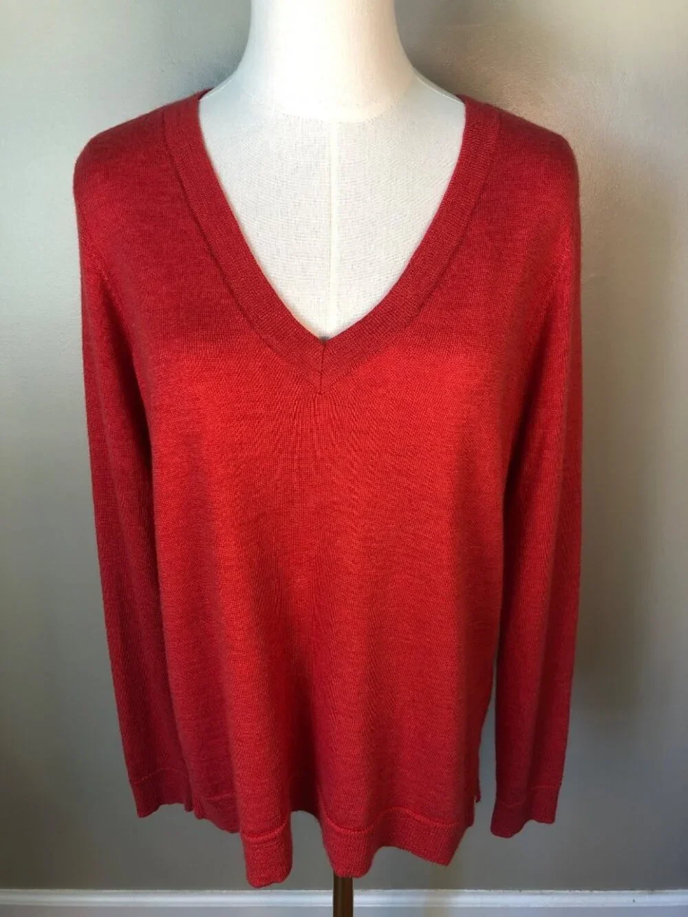 Eileen Fisher Italian Merino Wool V Neck Long Sleeve Red Sweater Size SP
